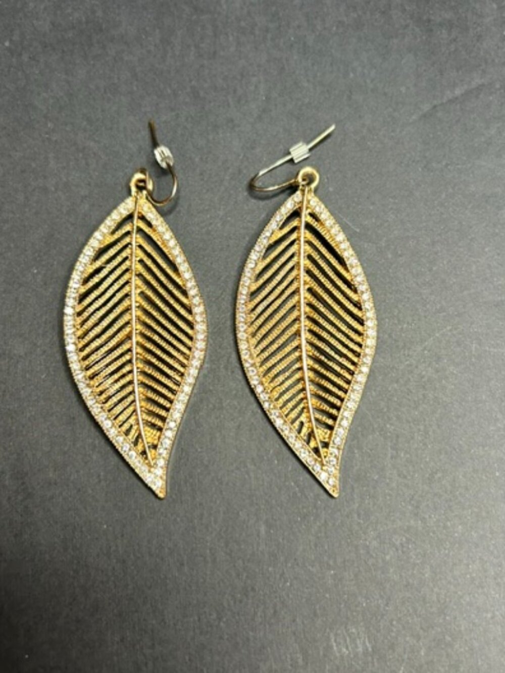 Gold Tone Leaf Drop Earrings Rhinestone Border Dangle
